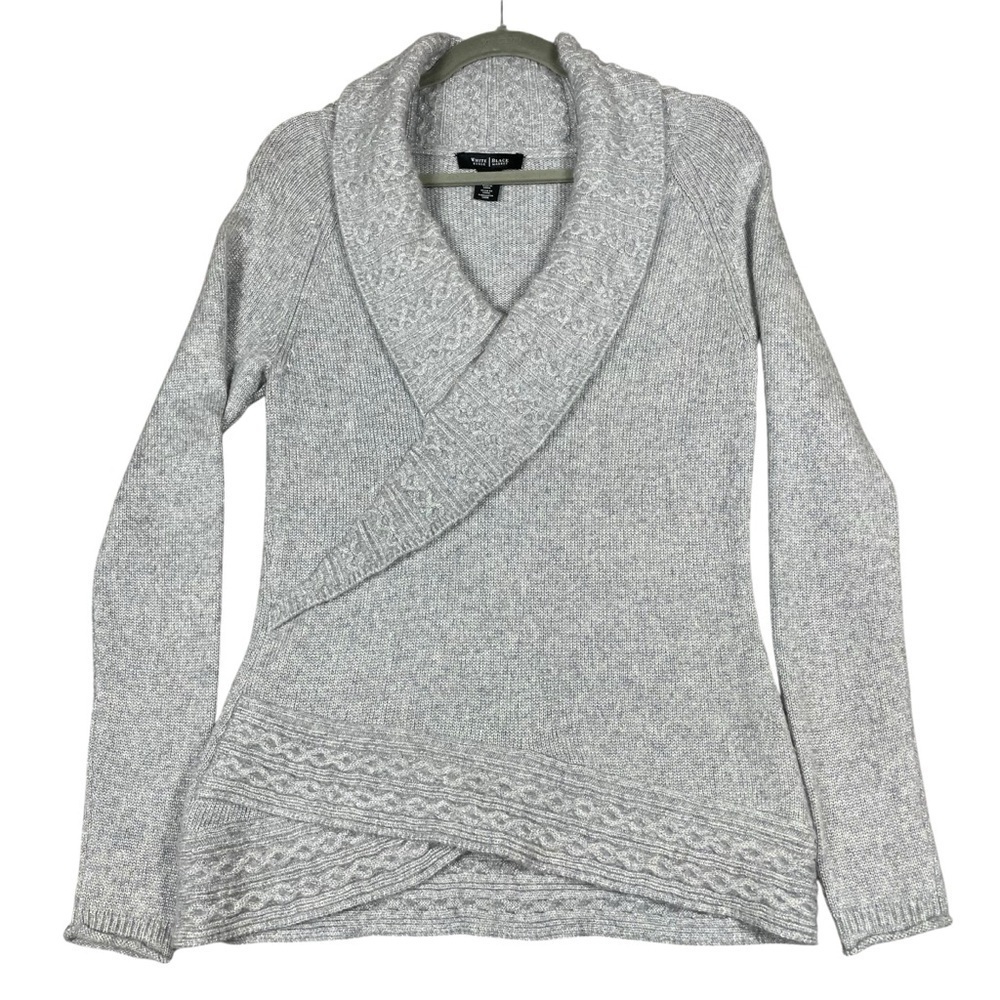 White House Black Market Wool Blend Cable Knit Trim Sparkly Faux Wrap Sweater  S